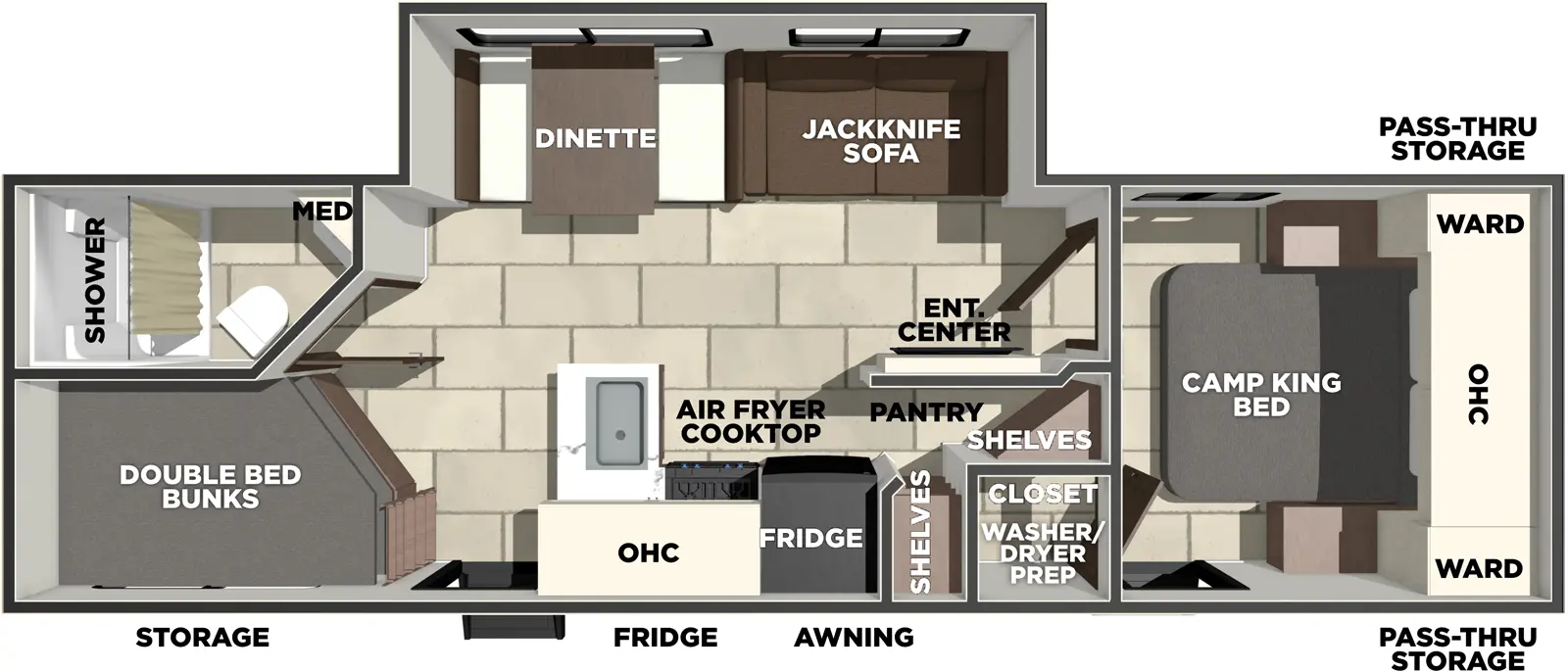 The Tracer 275BH floorplan has two entries and one slide out. Exterior features include: metal exterior. Interiors features include: bunk beds and front bedroom.